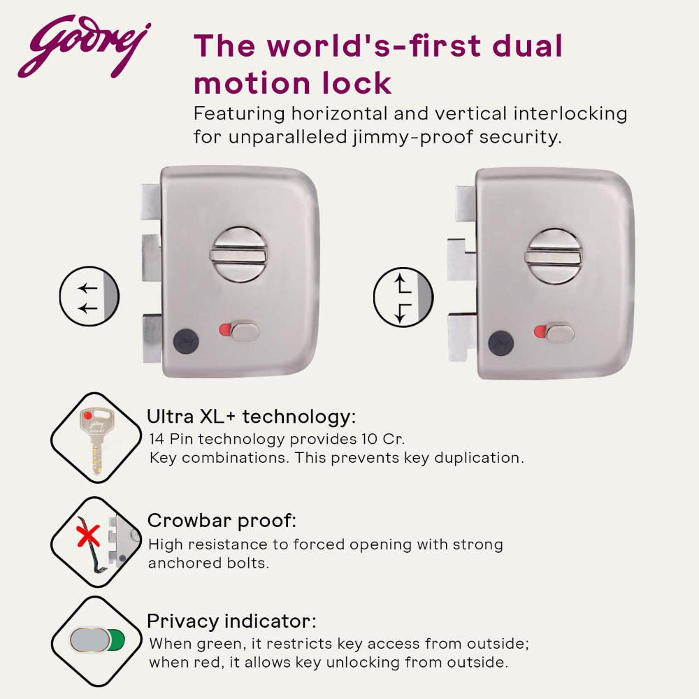 Godrej Centaur Rim Lock I World's 1st Dual Motion Lock | Ultra XL plus  Technology| 4 Keys I 1CK Dead Bolt Lock for Main & Safety Door I Antique Copper Finish (Satin Nickel)